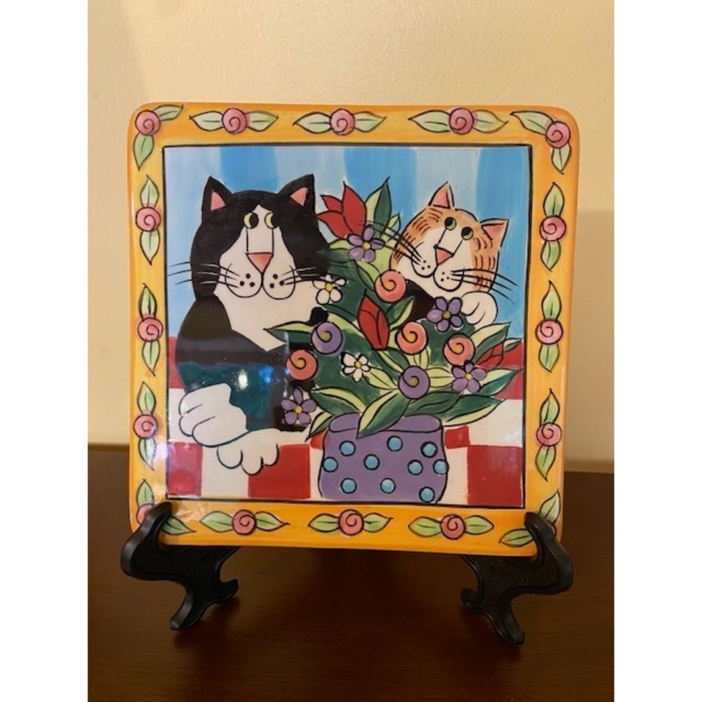 Catzilia Candace Reiter Design 6" Square Ceramic Cat Plate 2000 Whimsical Floral